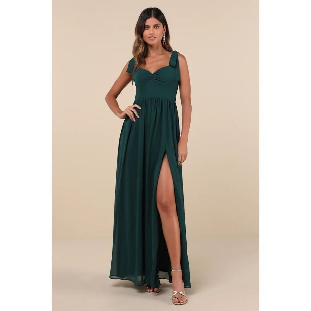 Lulus Radiant Charisma Emerald Chiffon Ruched Tie-Strap Maxi Dress Size XS NWT